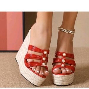 Womens Wedge Heel Sandals 37 Espadrilles Peep Toe Red Platform Slippers 7 Shoes